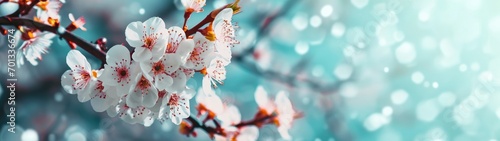 Blossoming apricot tree branches with copy space web banner. spring time concept. photo