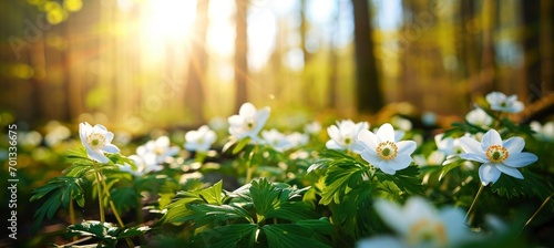 Beautiful white flowers of anemones in spring in a forest close-up in sunlight in nature. Spring forest landscape with flowering primroses. photo