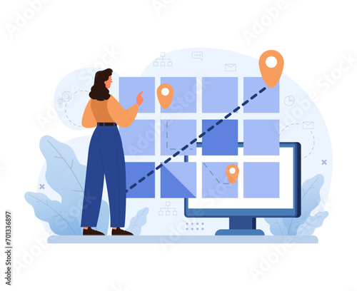 Digital navigation concept. Woman interacts with virtual map on computer, pinpointing locations. Route planning, destination selection, and journey visualization. Flat vector illustration