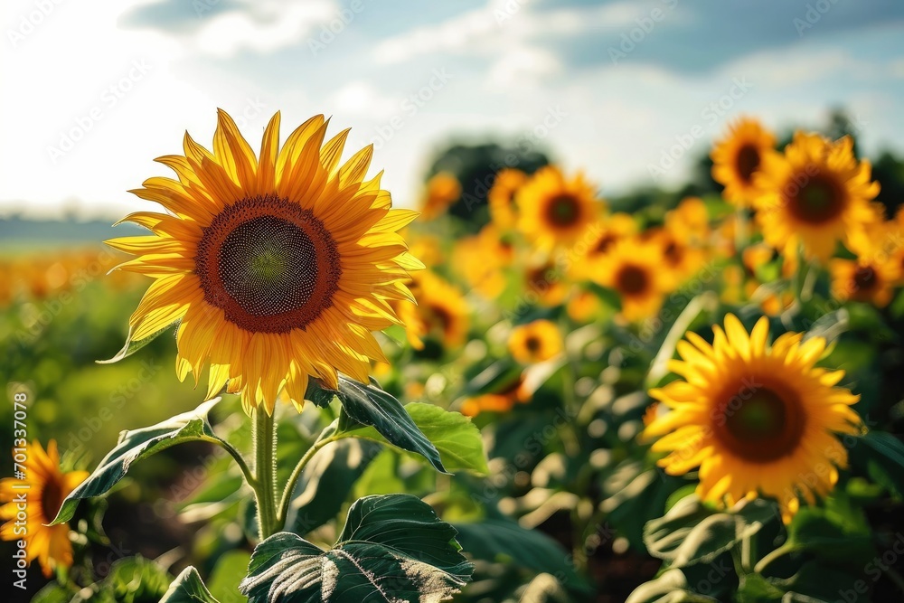 Sunflowers on a field with green sky in background