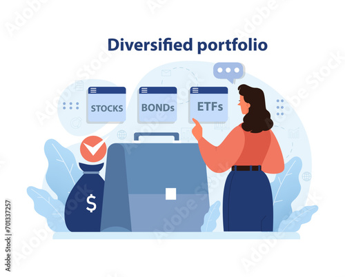 Diversified portfolio presentation with a businesswoman analyzing stocks, bonds, and ETFs for robust financial strategy. Achieving balance in asset allocation. Flat vector illustration.