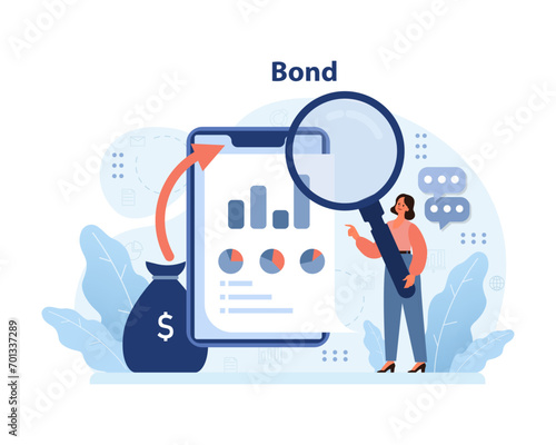 Expert female analyst magnifies bond details on digital interface. Insightful exploration of investment diversification, emphasizing safe assets and financial analysis. Flat vector illustration.