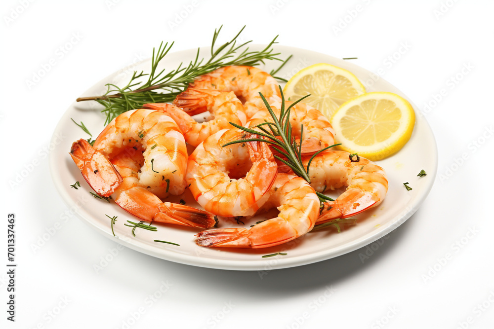 Delicious cooked shrimps served with lemon, pepper and rosemary on white background Delicious cooked shrimps served with lemon, pepper and rosemary on white background