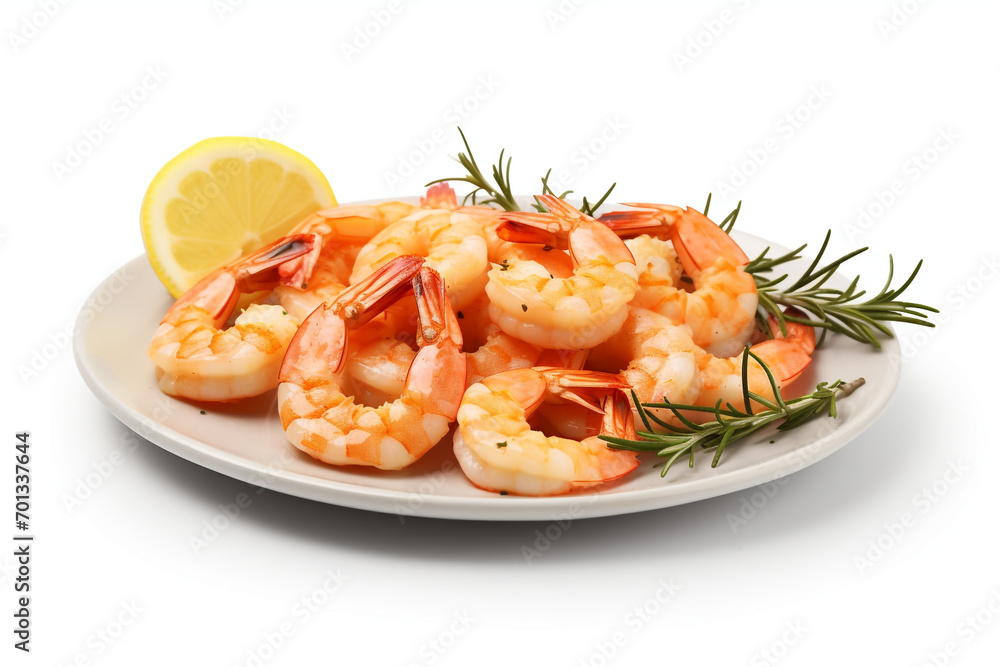 Delicious cooked shrimps served with lemon, pepper and rosemary on white background Delicious cooked shrimps served with lemon, pepper and rosemary on white background