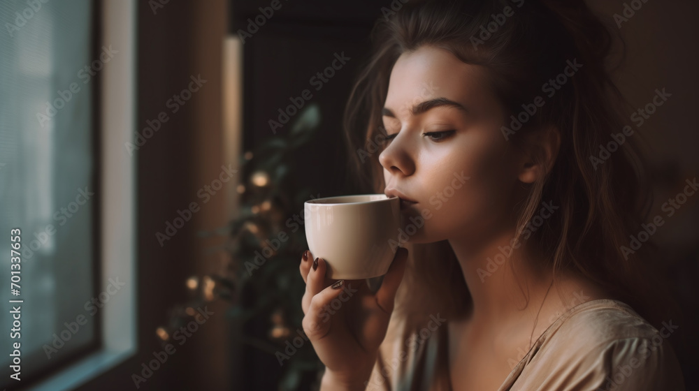 Young woman with a cup, drinking coffee, drinking tea, morning, relax Young woman with a cup, drinking coffee, drinking tea, morning, relax