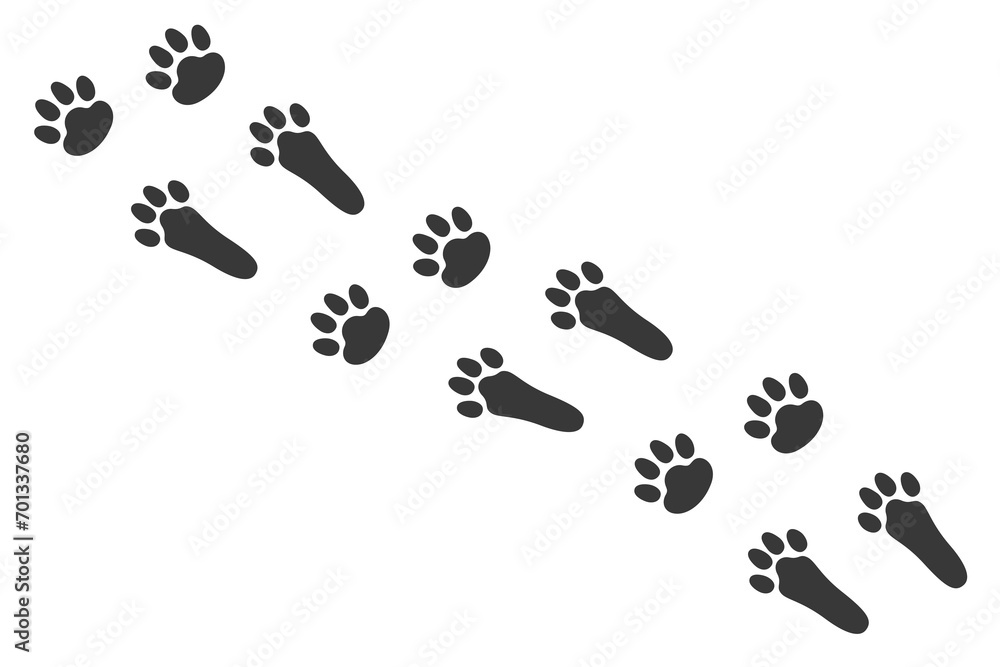 Black bunny's prints footpath. Rabbit paws footprints for Easter celebration. Animal theme. Vector isolated illustration on white background. - obrazy, fototapety, plakaty 