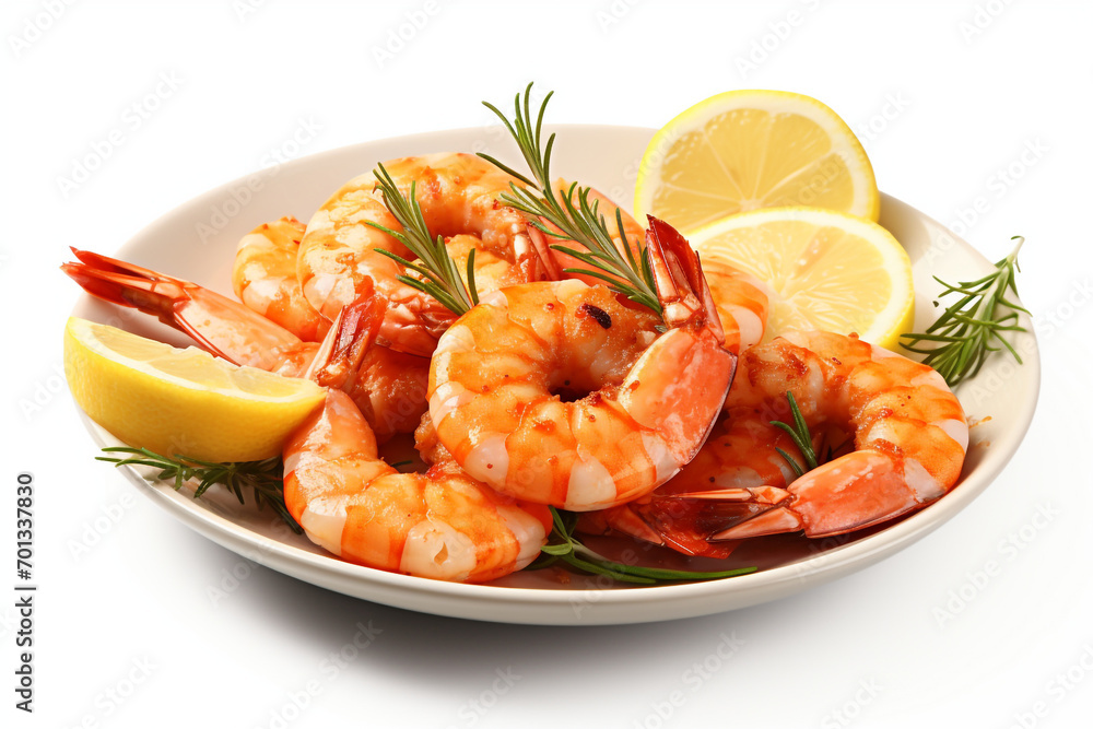 Delicious cooked shrimps served with lemon, pepper and rosemary on white background Delicious cooked shrimps served with lemon, pepper and rosemary on white background