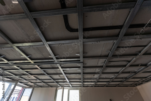 structure of ceiling suspension  installation of gypsum plasterboard and light.