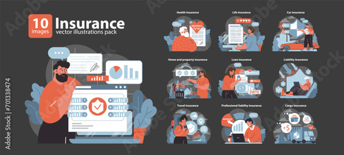 Insurance set. Comprehensive coverage options for life, health, home, and travel. Safeguarding assets against uncertainties. Essential financial planning tools demonstrated. Flat vector illustration.