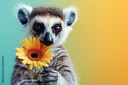  A meerkat holds a bright yellow flower set against a mixed blue and orange background.