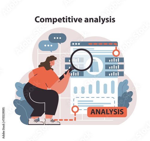 Focused woman conducting competitive analysis. Expert dives deep into data, seeking insights for impactful market penetration. Comprehensive review of rival strategies. Flat vector illustration