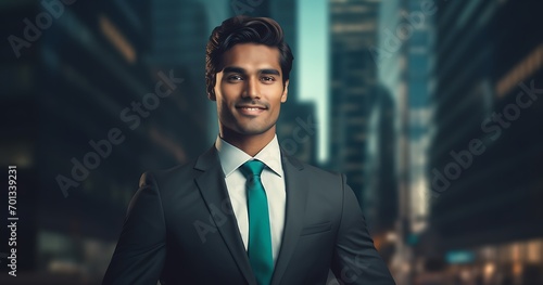 Portrait of a handsome young businessman in a suit, standing in the city at night.