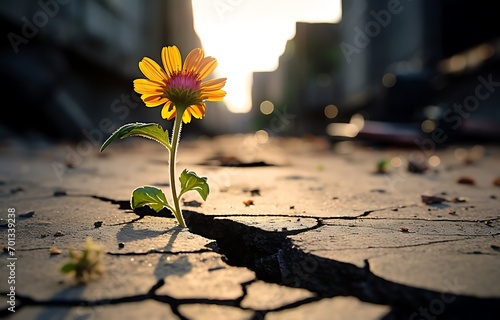 Yellow flower on crack ground in the city at sunset. Conceptual image.