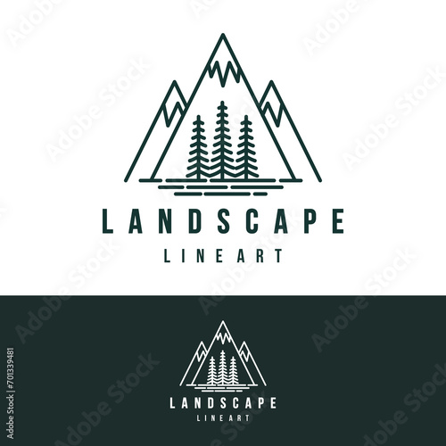 Landscape Hills logo line art element Mountain Peaks, Simple line art mountain pine logo design
