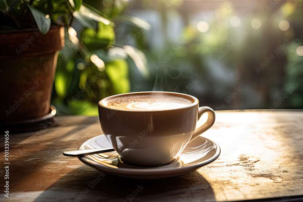 Obraz premium Coffee cup on the wooden table in coffee shop