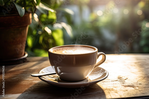 Coffee cup on the wooden table in coffee shop