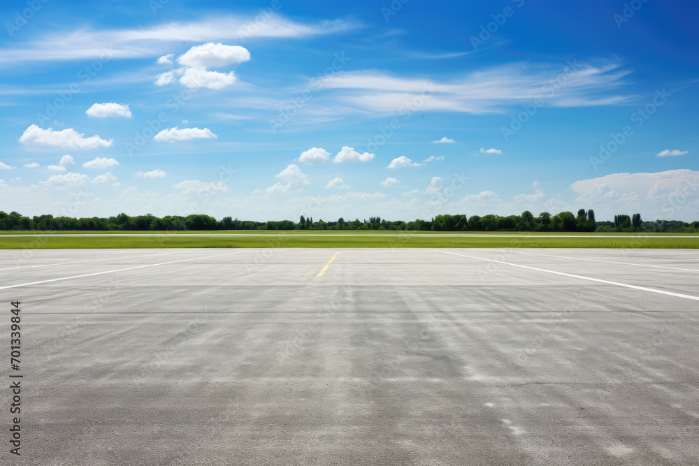 Airport runway and blue sky with white clouds, perspective view - obrazy, fototapety, plakaty 