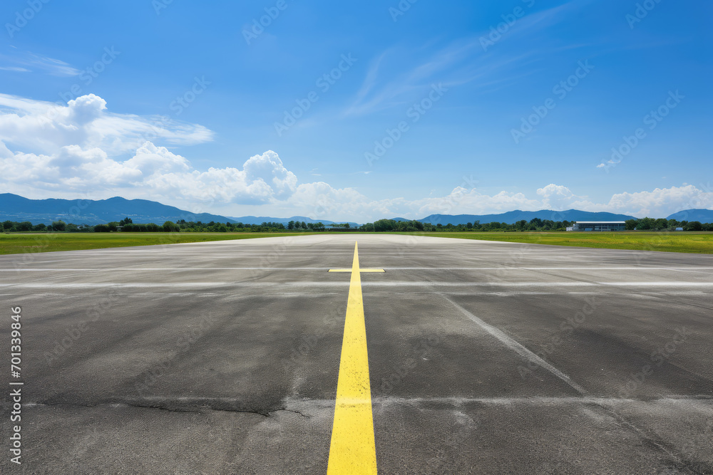 Airport runway and blue sky with white clouds, perspective view Airport runway and blue sky with white clouds, perspective view