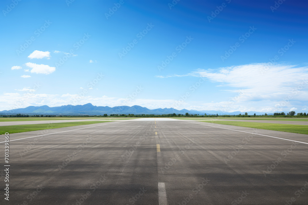 Fototapeta premium Airport runway and blue sky with white clouds, perspective view