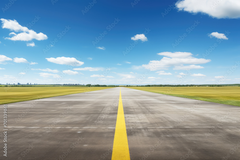 Airport runway and blue sky with white clouds, perspective view Airport runway and blue sky with white clouds, perspective view