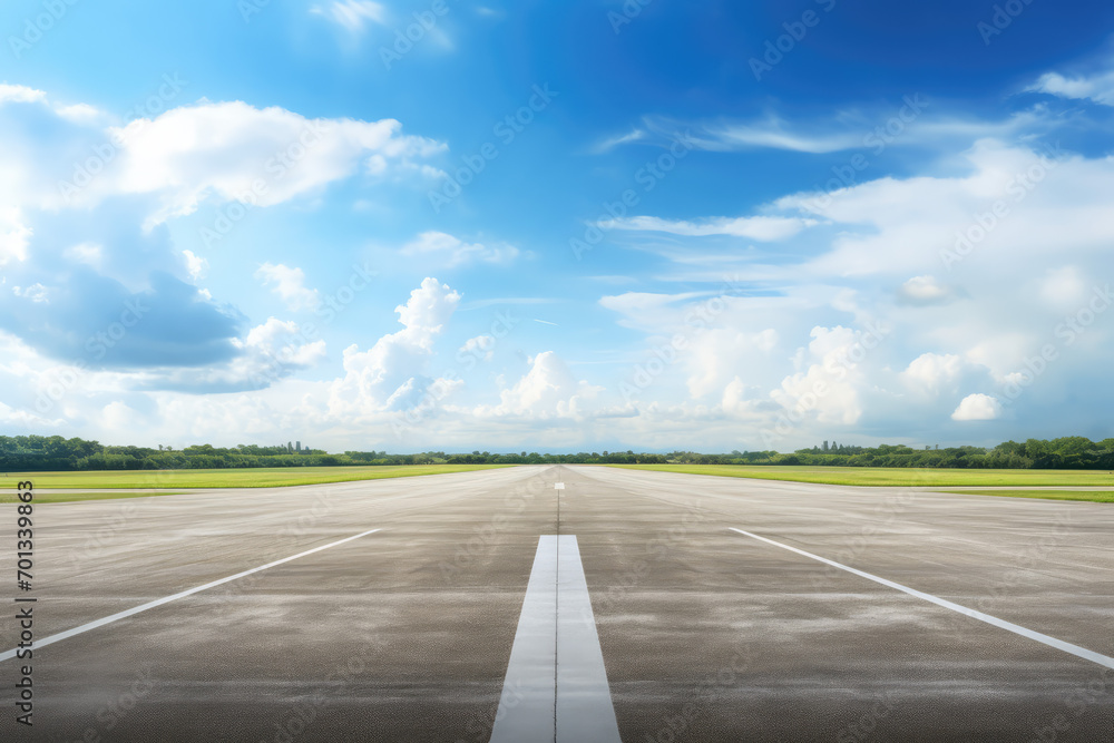 Fototapeta premium Airport runway and blue sky with white clouds, perspective view