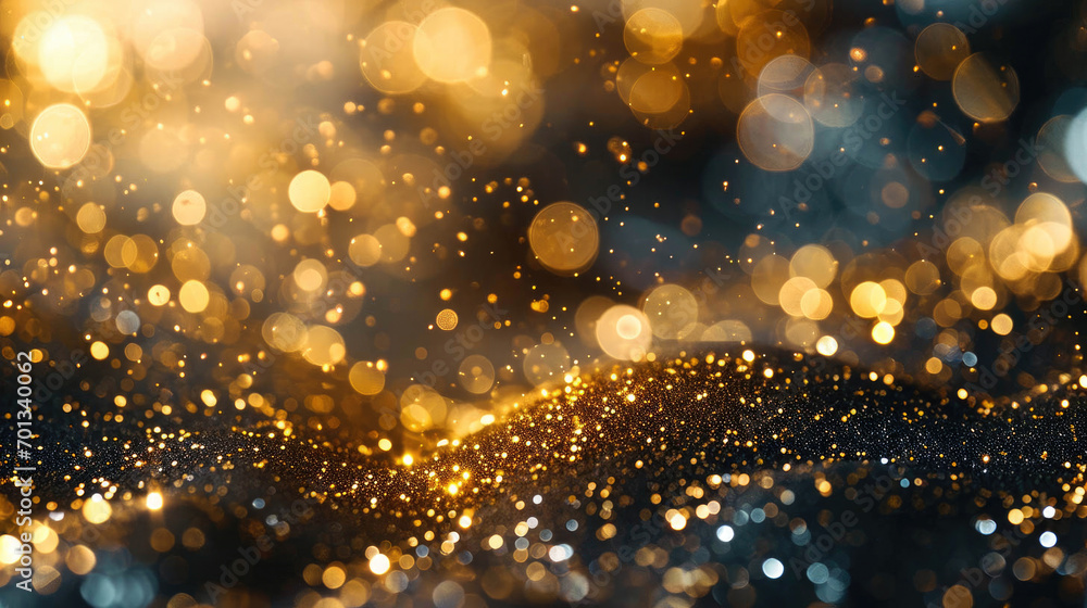 Close-up of sparkling golden glitter with bokeh lights and dark background Close-up of sparkling golden glitter with bokeh lights and dark background
