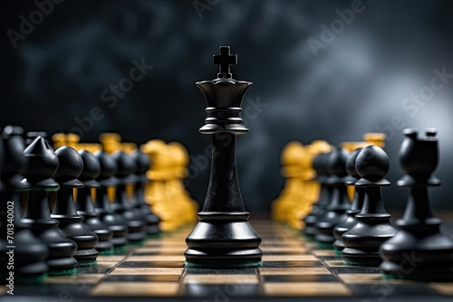 Chess king with a crown and chess pieces on a chessboard