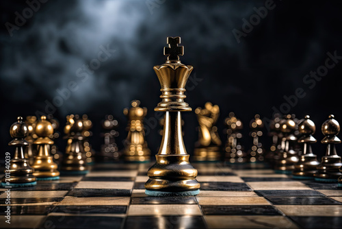 Chess king with a crown and chess pieces on a chessboard