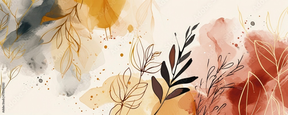 Abstract art background. Luxury minimal style wallpaper with golden line art flower and botanical leaves, Organic shapes, Watercolor background. - obrazy, fototapety, plakaty 