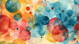 An abstract watercolor painting with colorful, overlapping circles on a white background.