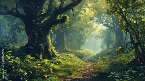A beautiful fairytale enchanted forest with big trees and great vegetation. Digital painting background.