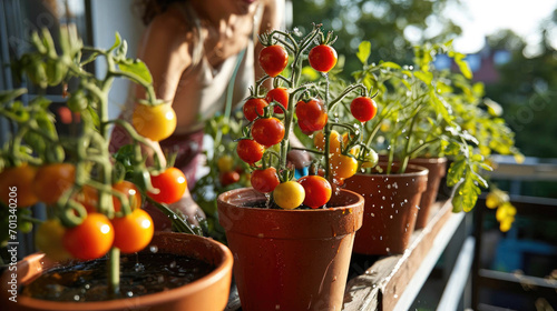 Woman watering tomato plants in pots, with ripe tomatoes and green foliage, on a sunny balcony