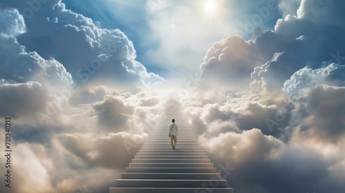 A man walking up the stairs to heaven