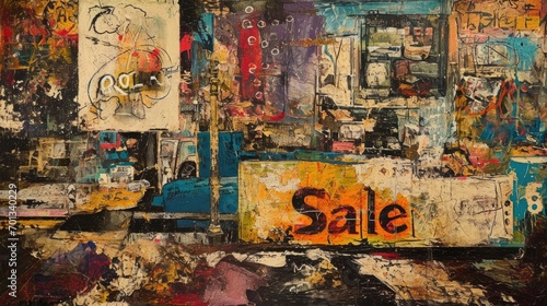 Street art collage. Abstract urban contemporary painting with inscription Sale