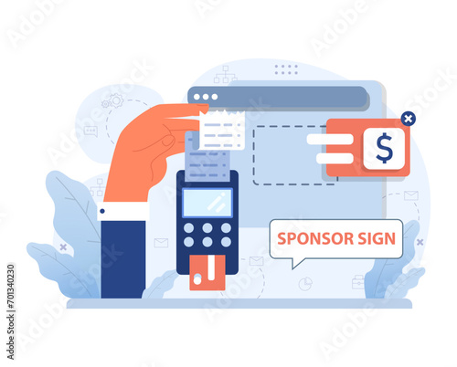 Hand processing a sponsorship transaction with a card terminal. Floating labels display sponsor sign and financial commitment. Seamless digital funding in action. Flat vector illustration