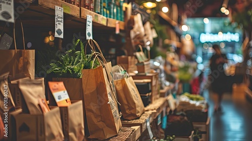 Shop with goods on shelves and paper bags