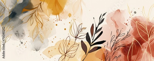 Abstract art background. Luxury minimal style wallpaper with golden line art flower and botanical leaves, Organic shapes, Watercolor background.