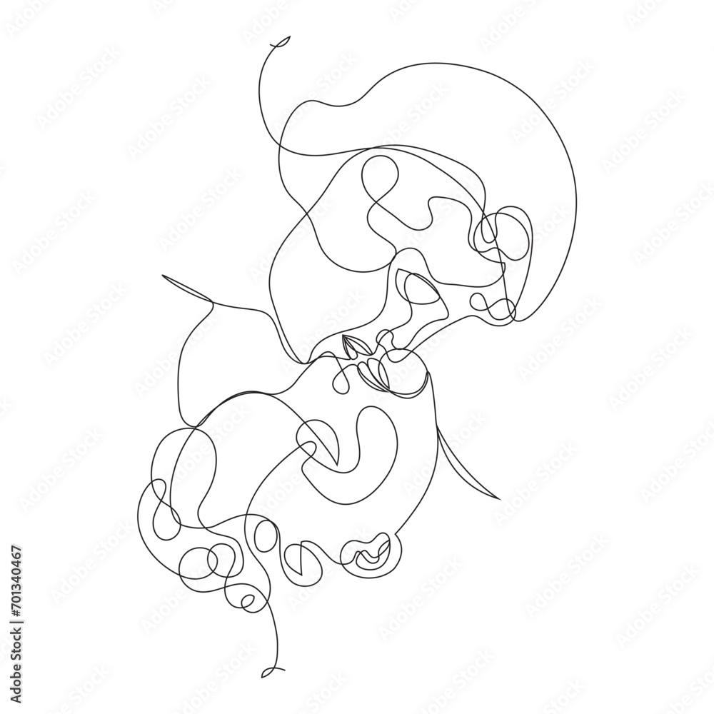 Abstract drawing of two lovers faces kissing, continuous line technique Abstract drawing of two lovers faces kissing, continuous line technique