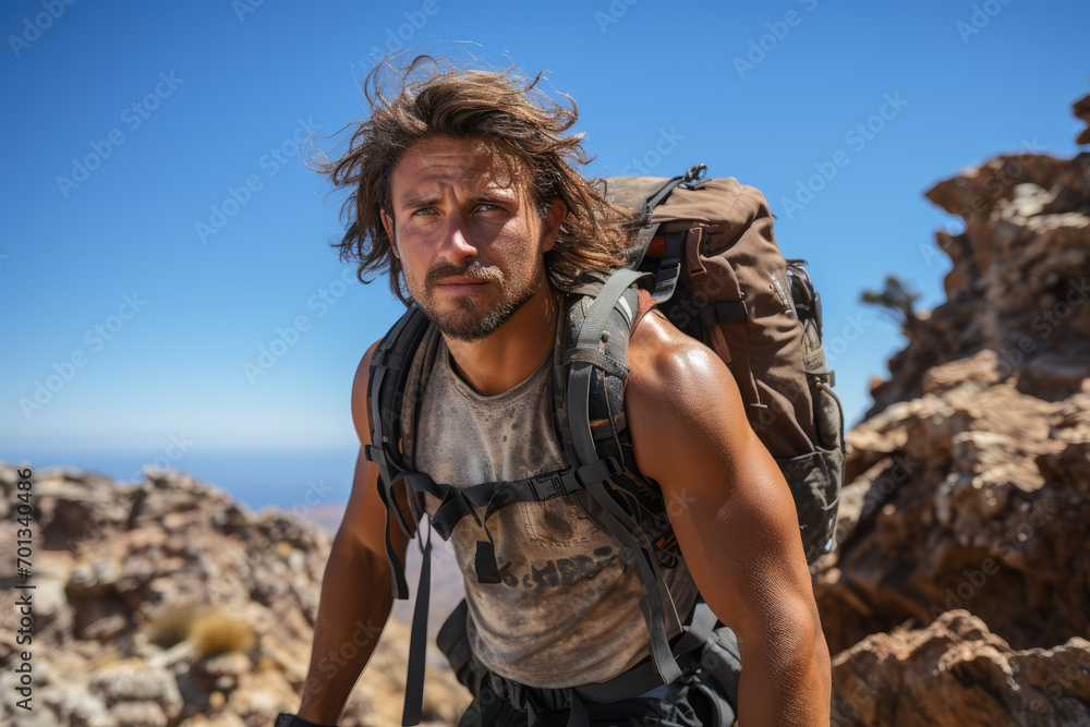 Hiker on the top of a mountain with a backpack and trekking equipment