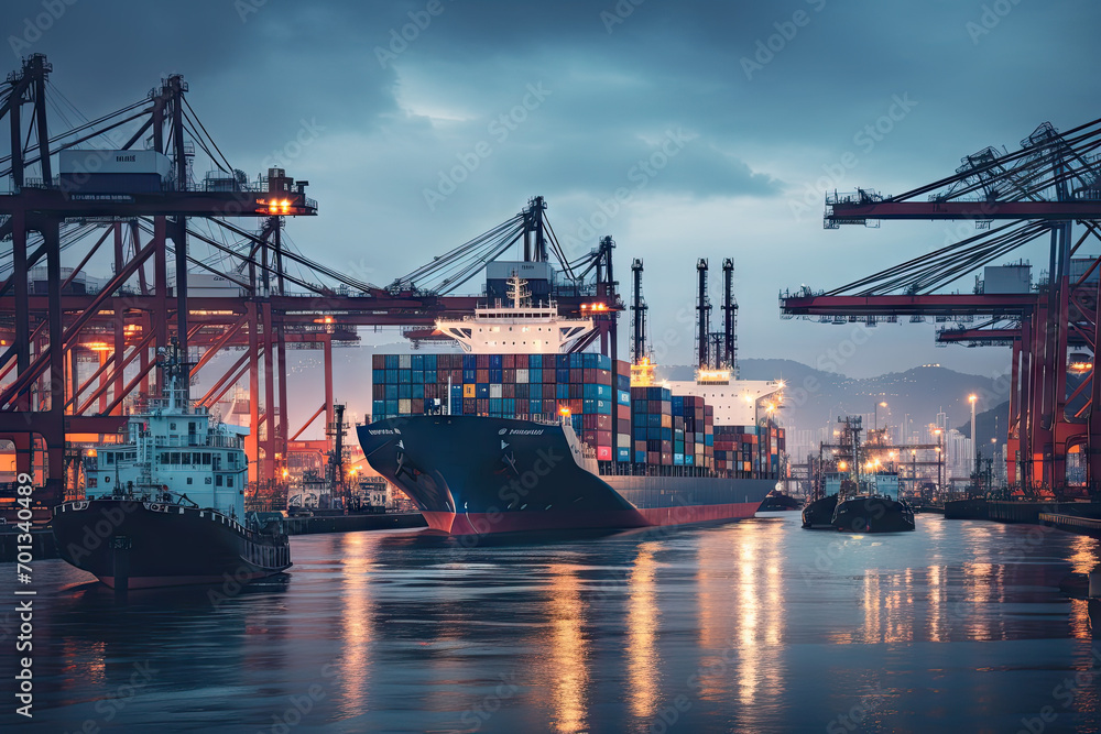 Container Cargo freight ship with working crane bridge in shipyard for Logistic Import Export background Container Cargo freight ship with working crane bridge in shipyard for Logistic Import Export background