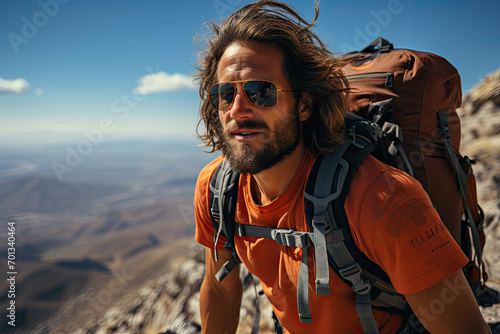Hiker on the top of a mountain with a backpack and trekking equipment
