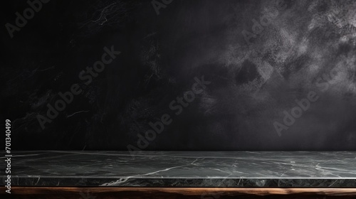 Empty table ,marble black countertop on black wall background, luxury product presentation, copy space, 16:9 photo