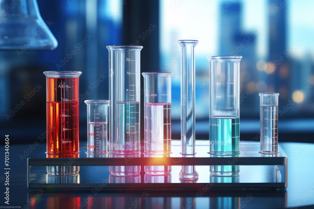 Test-tubes with colorful liquids on the table in the laboratory Test-tubes with colorful liquids on the table in the laboratory