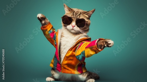 Dancing cat wearing colorful clothes and sunglasses, copy space, 16:9