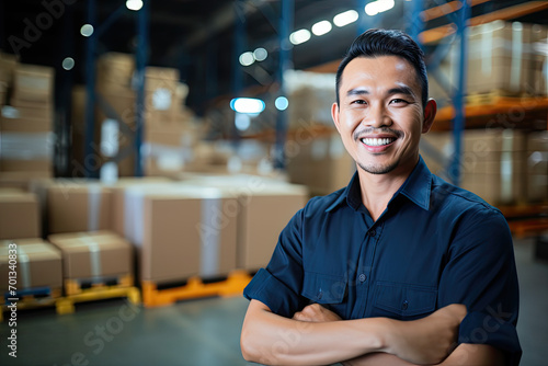 portrait of smiling male warehouse worker with arms crossed standing in warehouse