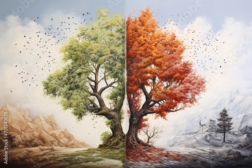 Nature concept. Abstract tree illustration representing four seasons of the year. Colorful soft pastel colors, tiny detailed background with copy space © Rytis