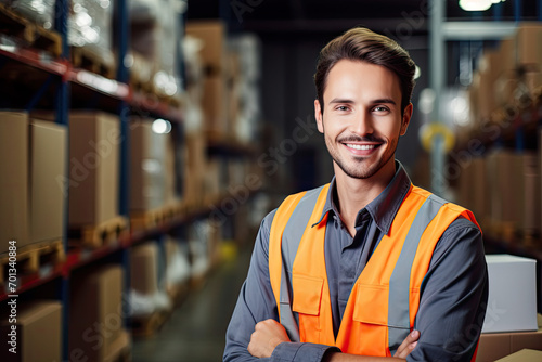 portrait of smiling male warehouse worker with arms crossed standing in warehouse