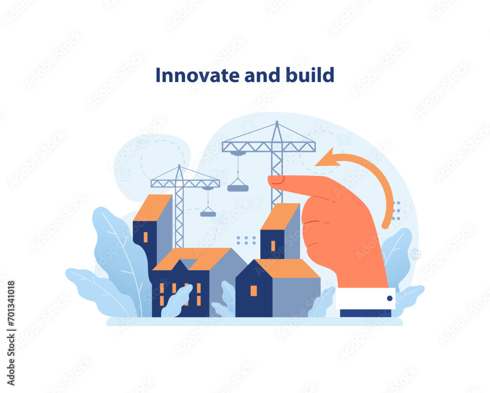 SDG or sustainable development goal. Infrastructure and sustainable cities building. Technological innovations. Social progress and engineering development. Flat vector illustration