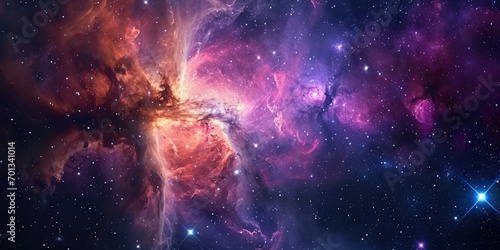 Space background with stardust and shining stars. Realistic colorful cosmos with nebula and milky way.