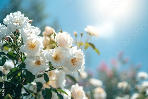 White bush roses on a background of blue sky in the sunlight. Beautiful spring or summer floral background.